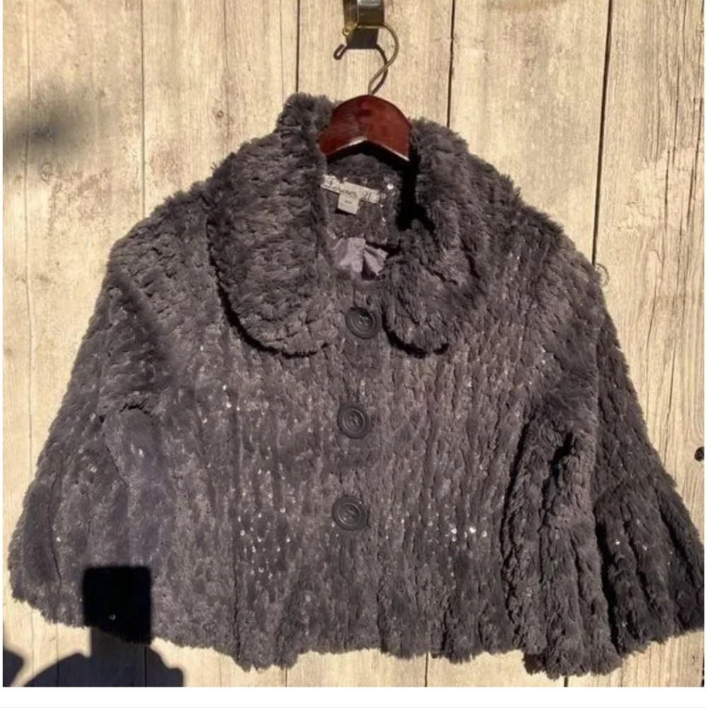 Forever 21 Cropped Sequin Gray Fuax Fur Jacket